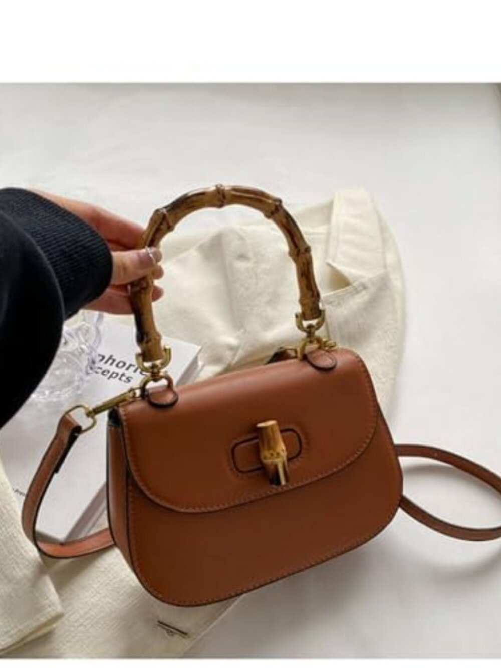 Women's Leather Tote Handbags,Bamboo Shaped Top Handle Satchel Crossbody Bag